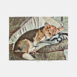 Sömmande Welsh Corgi på soffan Fleecefilt
