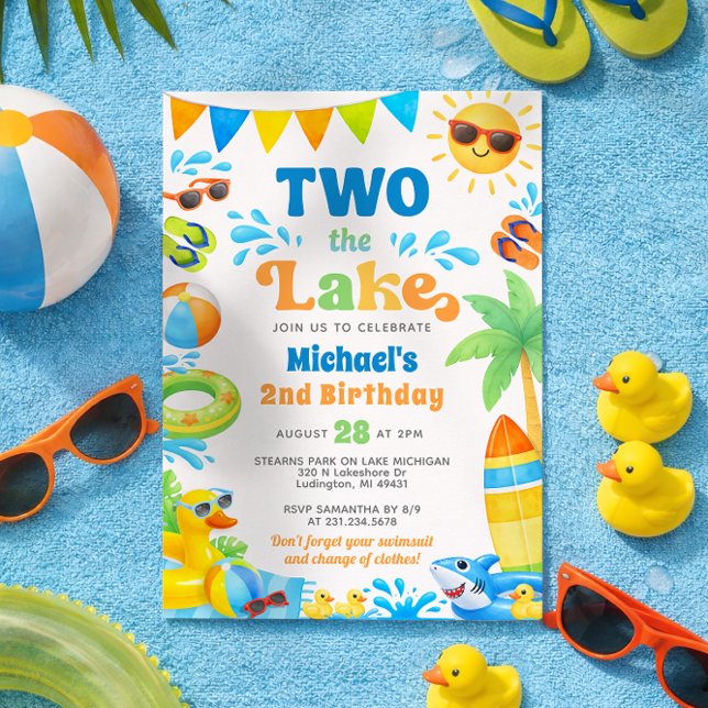 Sommar 2-års födelsedagsinbjudan - Två till sjön Inbjudningar (Boy 2nd Birthday Invitation - Two the Lake - Summer Party)