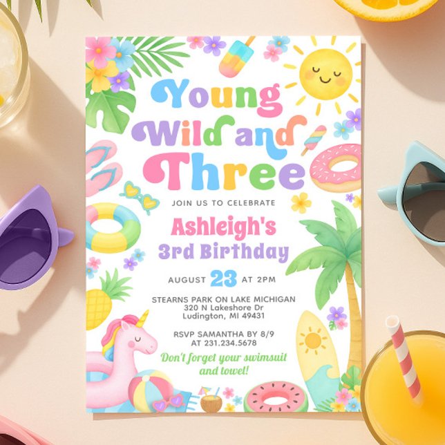 Sommar 3:e födelsedag: Ung Vild och 3 Inbjudningar (Summer 3rd Birthday Invitation Young Wild & Three
)