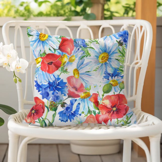 Sommar Akvarell Blommig Blå Röd Gul Kudde (Skapare uppladdad)