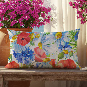 Sommar Akvarell Blommig Blå Röd Gul Utomhus Lumbarkudde