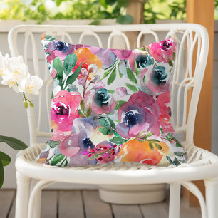 Sommar Akvarell Blommig Indigo Röd Rosa Orange Kudde