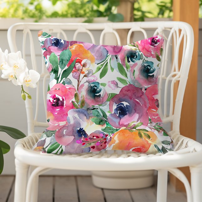 Sommar Akvarell Blommig Indigo Röd Rosa Orange Kudde (Skapare uppladdad)