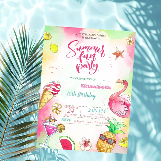 Sommar, ananas, Flamingo-Födelsedagsfest Inbjudningar (Skapare uppladdad)