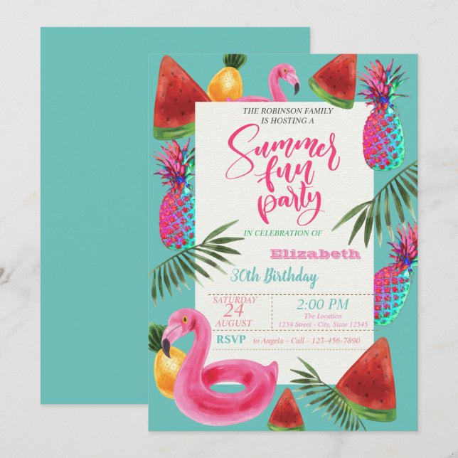 Sommar, Ananas, Vattenmelon Födelsedagsfest Inbjudningar (Fram/baksida)