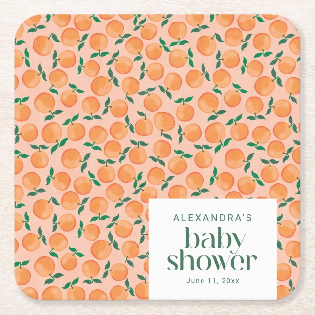 Sommar Apelsiner Frukt Rosa Baby Shower Anpassad Underlägg Papper Kvadrat (Framsidan)