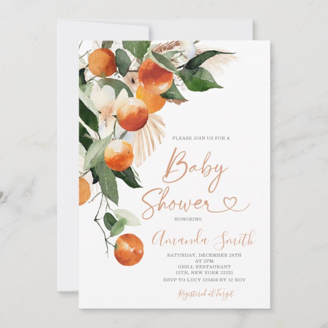 Sommar baby shower Citrus Apelsin Baby i blom Inbjudningar (Framsida)