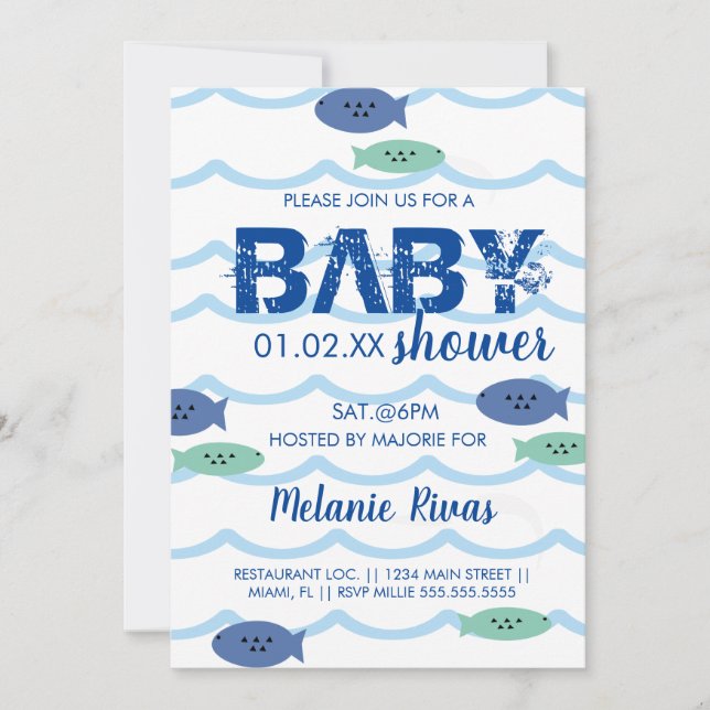 Sommar Babyshower Blå Vågor Fisk Inbjudan (Framsida)