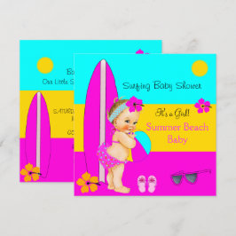 Sommar Babyshower Flicka Beach Surfing Blond Inbjudningar