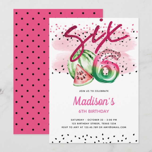 Sommar Balloon Brev Melon 6e Birthday Inbjudningar (Fram/baksida)