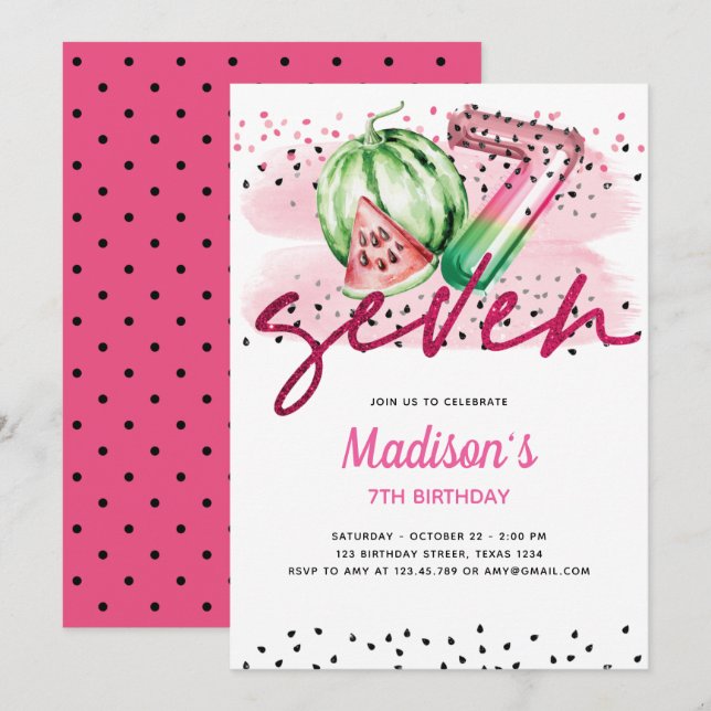 Sommar Balloon Brev Melon 7:e Birthday Inbjudningar (Fram/baksida)