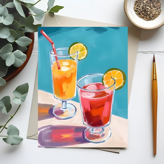 Sommar Bassäng Cocktails Watercolor Vykort (Skapare uppladdad)