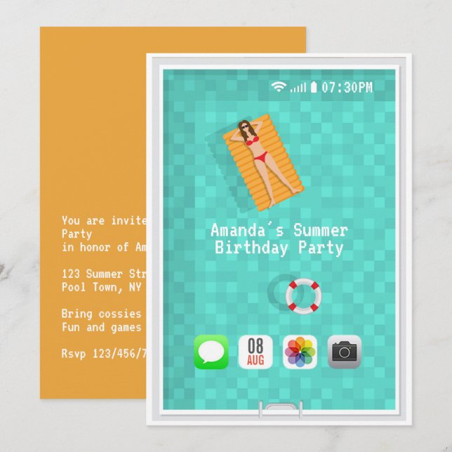 Sommar Bassäng Födelsedagsfest inbjudan (Fram/baksida)