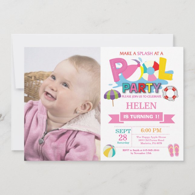 Sommar-Bassäng-inbjudan Splish Stänk Girl Inbjudningar (Framsida)
