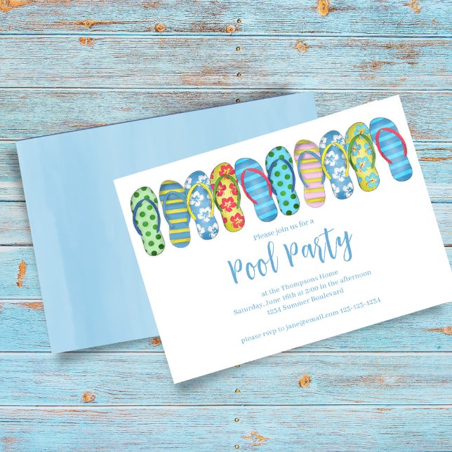 Sommar Bassäng Party Cust Flinflip flops Inbjudningar (Summer pool party whimsical flip flops invitation.)