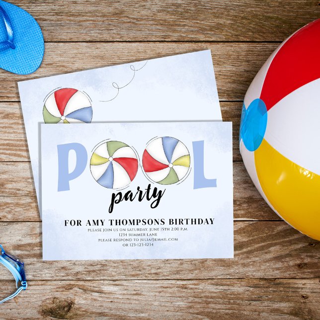 Sommar Bassäng Party födelsedag Beach Bollar Inbjudningar (Colorful Pool Party Beach Balls Custom Invitations.)