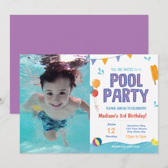 Sommar Bassäng Party-födelsedag Inbjudan med bild (Fram/baksida)