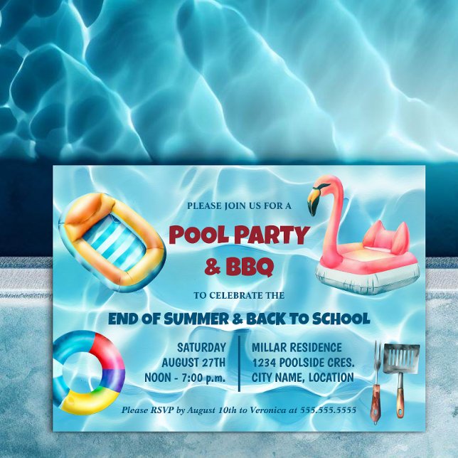 Sommar Bassäng Party och BBQ Inbjudningar (Pool party and BBQ invitation for end of summer or back to school celebration with family / friends.)