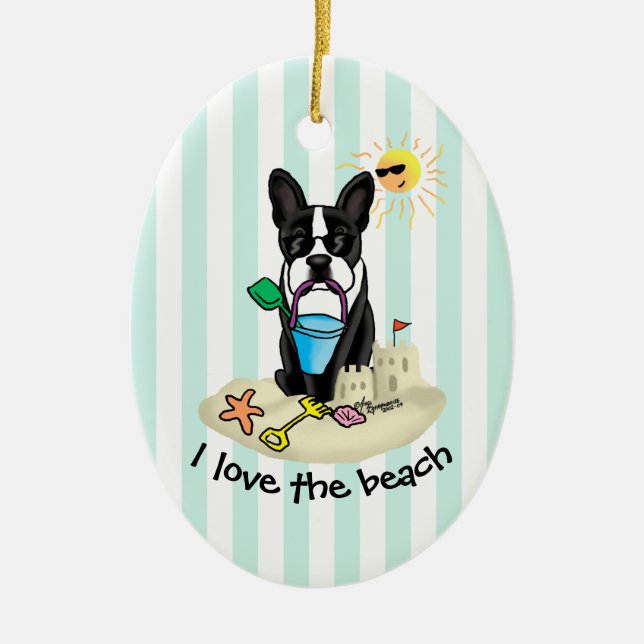 Sommar Beach Boston Terrier Hund (svart) Cute Julgransprydnad Keramik (Framsidan)