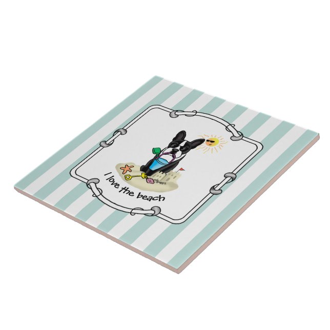 Sommar Beach Boston Terrier Hund (svart) Cute Kakelplatta (Sidan)