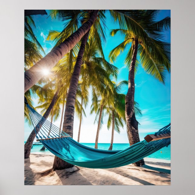 Sommar Beach Hammock Ocean Vacation Handflatan Trä Poster (Framsidan)