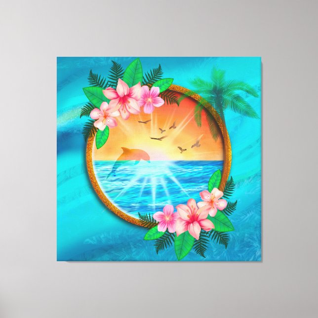 Sommar Beach Ocean-fåglar flyger i himlar och mask Canvastryck (Framsida)