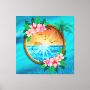 Sommar Beach Ocean-fåglar flyger i himlar och mask Canvastryck