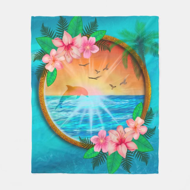 Sommar Beach Ocean-fåglar flyger i himlar och mask Fleecefilt (Framsidan)