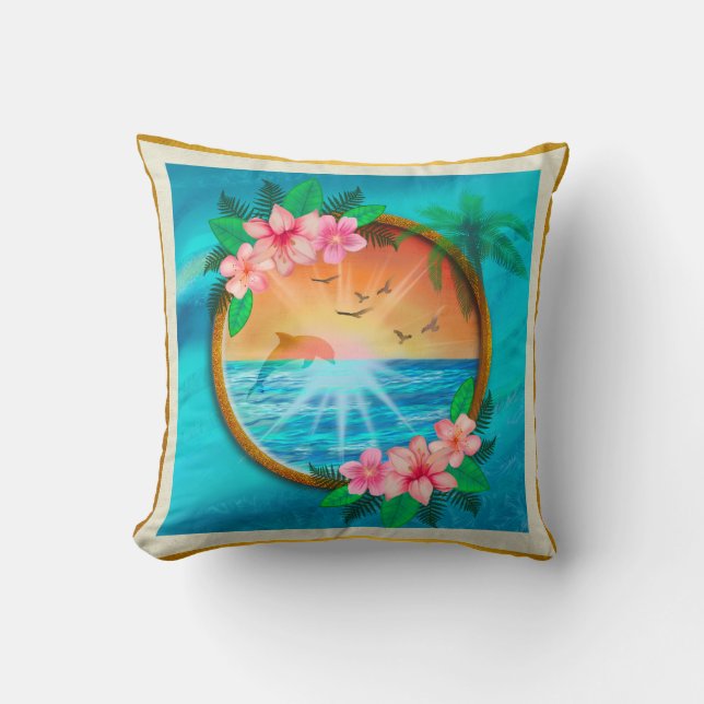 Sommar Beach Ocean-fåglar flyger i himlar och mask Kudde (Framsida)