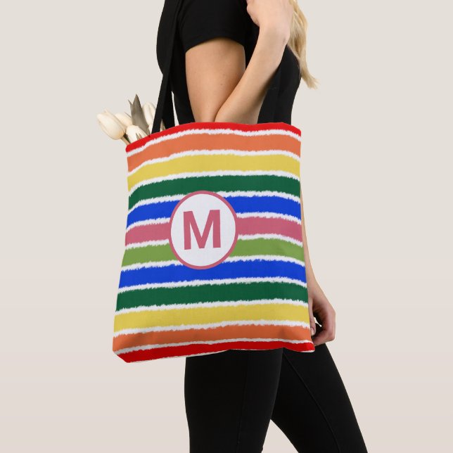 Sommar Beach Rolig Rainbow Ränder Monogram Tygkasse (Närbild)
