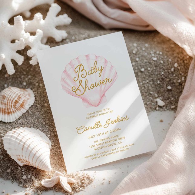 Sommar Beach Snäcka Girl Baby Shower Inbjudningar (Pink Girl Beach Baby Shower Invitation)