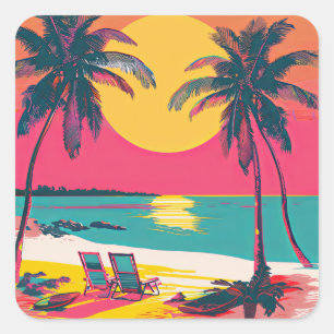 Sommar Beach Vibe Retro Surfer Handflatan Träd Sun Fyrkantigt Klistermärke