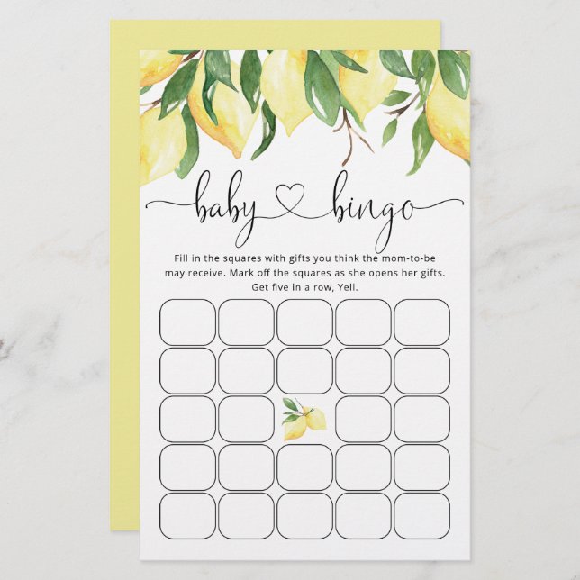 Sommar Bingo Lemon Citrus Baby Shower Game (Fram/baksida)