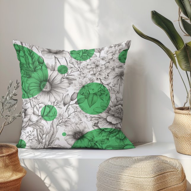 Sommar Blommigt dekorative Kelly Grönt Retro Peoni Kudde (Modern floral throw pillow with black and white sketch flowers and kelly green retro circles.)