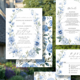 Sommar Blommigt Elegant Blue and White Bröllop Inbjudningar