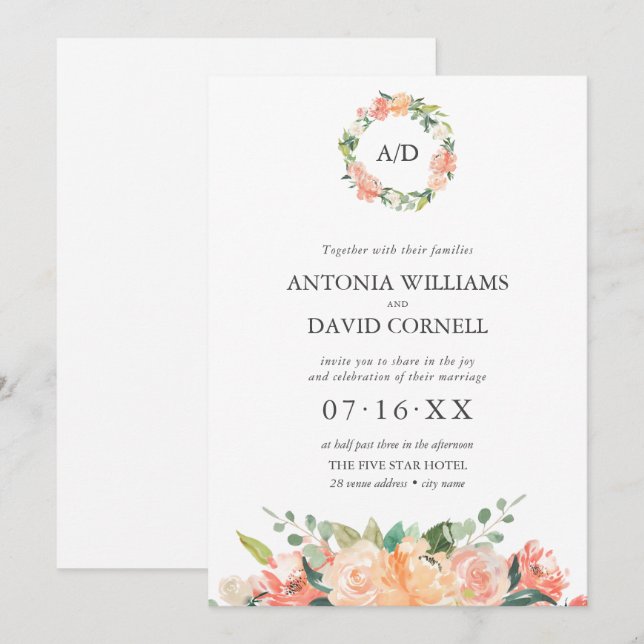 Sommar Blommigt Peach Botanical Monogram Bröllop I Inbjudningar (Fram/baksida)