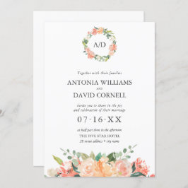 Sommar Blommigt Peach Botanical Monogram Bröllop I Inbjudningar