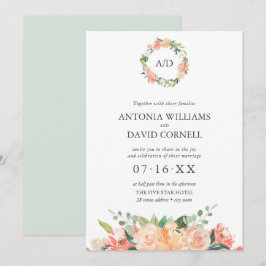 Sommar Blommigt Peach Botanical Monogram Bröllop I Inbjudningar
