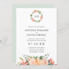 Sommar Blommigt Peach Botanical Monogram Bröllop I Inbjudningar