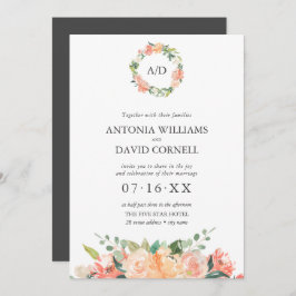 Sommar Blommigt Peach Botanical Monogram Bröllop I Inbjudningar