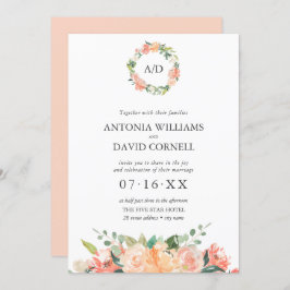 Sommar Blommigt Peach Botanical Monogram Bröllop Inbjudningar