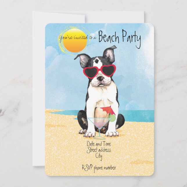 Sommar Boston Terrier Beach Party-inbjudan Julkort (Framsida)
