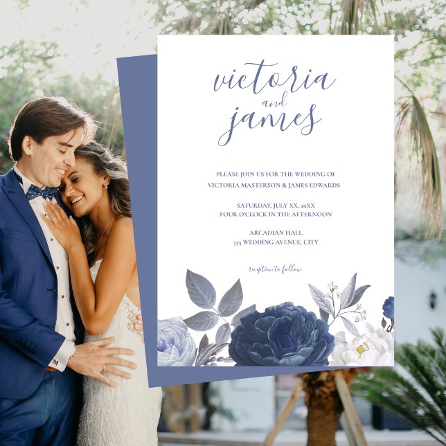 Sommar Bröllop Bright Blue Blommigt-inbjudan Inbjudningar (Summer Wedding Bright Blue Floral Invitation)