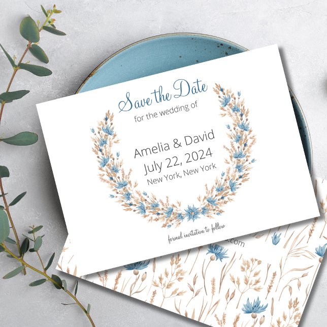 Sommar Bröllop torkad gräddkrans Bröllop Spara Datumet (Summer Wedding - Floral Wreath Save the Date)