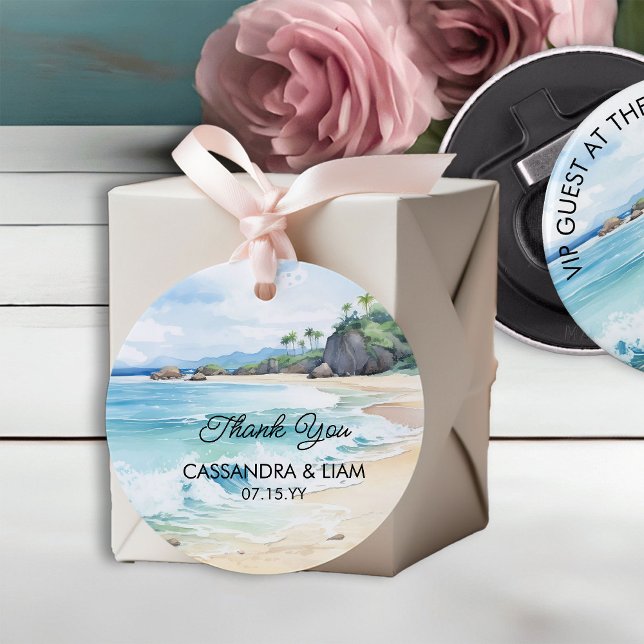 Sommar-Bröllop-vattenfärgen Tropical Beach Landska Gåvor Etiketter (Wedding favor tags from the Summer Beach Wedding Collection by Darling & May)