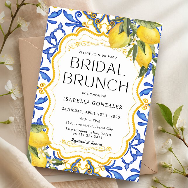 Sommar Citron Medelhavsbröllopsbrunch Inbjudningar (Summer Lemon Mediterranean Bridal Brunch Invitation)