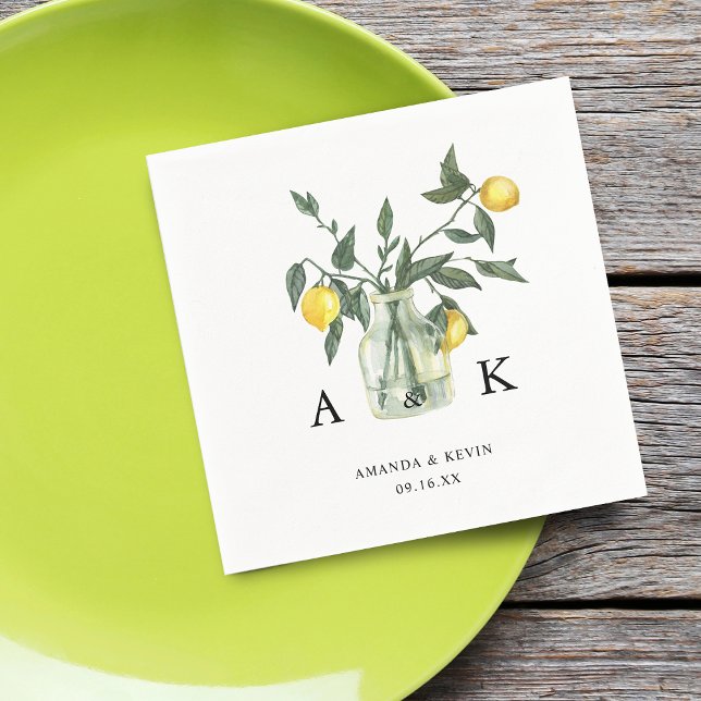 Sommar Citrus Citron Grönska Monogram Bröllop Pappersservett (Summer Citrus Lemon Greenery Monogram Wedding Napkins)