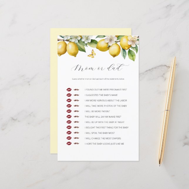 Sommar Citrus Mamma eller Pappa Baby Shower Game (Fram/Back In Situ)