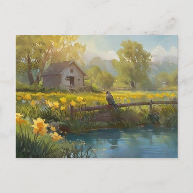 Sommar Daffodils Nature House Postcard Watercolor Vykort (Framsida)