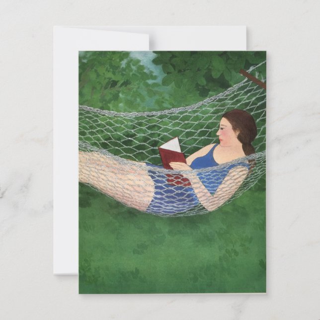 Sommar dam som läser bok i hammockmeddelandet meddelande (Framsida)